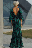 Vestido Longo Azul Pavão com Estampa Floral Decote Canoa Franzido para Mãe da Noiva
