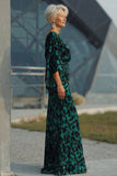 Vestido Longo Azul Pavão com Estampa Floral Decote Canoa Franzido para Mãe da Noiva