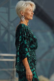 Vestido Longo Azul Pavão com Estampa Floral Decote Canoa Franzido para Mãe da Noiva