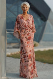 Vestido Justo com Decote em V e Padrão Floral em Rosa Empoeirado para a Mãe da Noiva