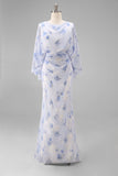 Vestido Longo Sereia Azul Claro com Drapeados e Mangas para a Mãe da Noiva