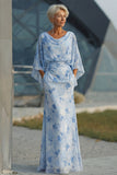 Vestido Longo Sereia Azul Claro com Drapeados e Mangas para a Mãe da Noiva