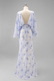 Vestido Longo Sereia Azul Claro com Drapeados e Mangas para a Mãe da Noiva