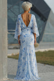 Vestido Longo Sereia Azul Claro com Drapeados e Mangas para a Mãe da Noiva