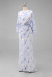 Vestido Longo Sereia Azul Claro com Drapeados e Mangas para a Mãe da Noiva