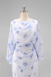 Vestido Longo Sereia Azul Claro com Drapeados e Mangas para a Mãe da Noiva