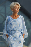Vestido Longo Sereia Azul Claro com Drapeados e Mangas para a Mãe da Noiva