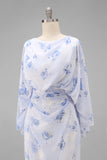 Vestido Longo Sereia Azul Claro com Drapeados e Mangas para a Mãe da Noiva
