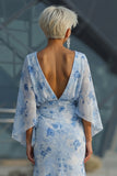 Vestido Longo Sereia Azul Claro com Drapeados e Mangas para a Mãe da Noiva