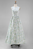 Vestido Convidada Casamento Comprido com Flor Branca Azul e Linha-A