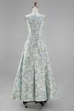 Vestido Convidada Casamento Comprido com Flor Branca Azul e Linha-A