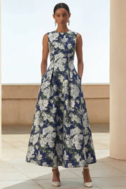Vestido Comprido Marinha Estampado Floral Bolsos para Convidada de Casamento