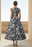 Vestido Comprido Marinha Estampado Floral Bolsos para Convidada de Casamento