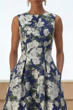 Vestido Comprido Marinha Estampado Floral Bolsos para Convidada de Casamento