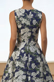 Vestido Comprido Marinha Estampado Floral Bolsos para Convidada de Casamento