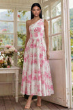 Vestido Comprido para Convidada de Casamento Floral Fúcsia e Um Ombro