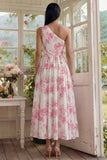 Vestido Comprido para Convidada de Casamento Floral Fúcsia e Um Ombro