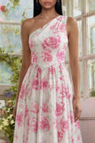 Vestido Comprido para Convidada de Casamento Floral Fúcsia e Um Ombro
