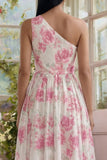 Vestido Comprido para Convidada de Casamento Floral Fúcsia e Um Ombro