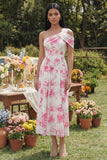 Vestido Midi de Convidada Casamento Estilo Tubinho com Flor Fúcsia Branca