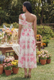 Vestido Midi de Convidada Casamento Estilo Tubinho com Flor Fúcsia Branca