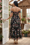 Vestido Midi Preto Floral Ombro a Ombro para Convidada de Casamento
