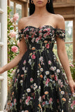 Vestido Midi Preto Floral Ombro a Ombro para Convidada de Casamento