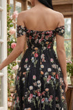 Vestido Midi Preto Floral Ombro a Ombro para Convidada de Casamento