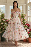 Vestido Midi Preto Floral Ombro a Ombro para Convidada de Casamento