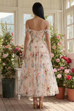 Vestido Midi Preto Floral Ombro a Ombro para Convidada de Casamento