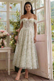 Vestido Midi Floral Verde Claro com Decote Ombro a Ombro e Corpete para Convidada de Casamento