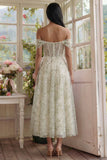 Vestido Midi Floral Verde Claro com Decote Ombro a Ombro e Corpete para Convidada de Casamento