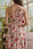Vestido Midi Rosa e Vermelho com Estampado Floral e Um Ombro para Convidada de Casamento