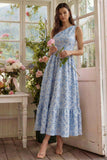 Vestido Midi Azul jacquard de Um Ombro para Convidada de Casamento