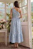Vestido Midi Azul jacquard de Um Ombro para Convidada de Casamento