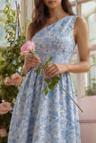 Vestido Midi Azul jacquard de Um Ombro para Convidada de Casamento