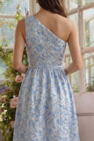 Vestido Midi Azul jacquard de Um Ombro para Convidada de Casamento