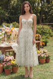 Vestido Midi Verde Claro Floral com Alças Finas para Convidada de Casamento