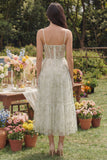 Vestido Midi Verde Claro Floral com Alças Finas para Convidada de Casamento