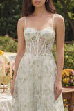 Vestido Midi Verde Claro Floral com Alças Finas para Convidada de Casamento
