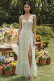 Vestido Comprido Floral Verde Claro com Espartilho e Racha para Convidada de Casamento