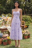 Vestido Midi Floral Lilás com Alças Finas e Linha A para Convidada de Casamento