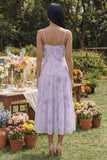 Vestido Midi Floral Lilás com Alças Finas e Linha A para Convidada de Casamento