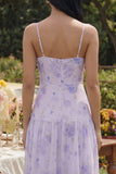 Vestido Midi Floral Lilás com Alças Finas e Linha A para Convidada de Casamento