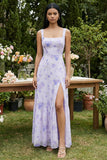 Vestido Longo Linha-A com Decote Quadrado Estampado Lilás e Fenda