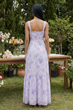 Vestido Longo Linha-A com Decote Quadrado Estampado Lilás e Fenda