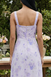 Vestido Longo Linha-A com Decote Quadrado Estampado Lilás e Fenda