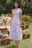 Vestido Midi Lilás de Um Ombro Linha-A para Convidada de Casamento