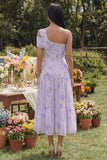 Vestido Midi Lilás de Um Ombro Linha-A para Convidada de Casamento