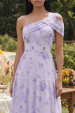 Vestido Midi Lilás de Um Ombro Linha-A para Convidada de Casamento